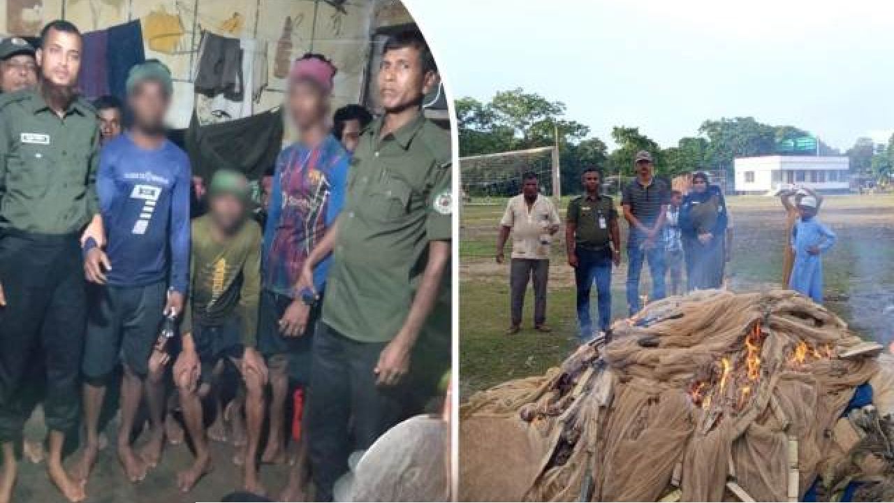 টাঙ্গুয়ার হাওরে আনসারের অভিযানে প্রায় দুই লাখ টাকা মূল্যের নিষিদ্ধ জাল জব্দ, ৭ জেলে আটক